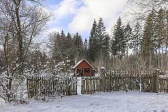 Idyllic winter landscape with snow-covered red house and forest in the background,