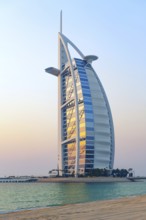 Dubai, United Arab Emirates. July 1st 2019 Evening scenic view of Burj Al Arab, landmark iconic