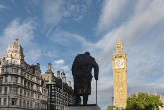 London, United Kingdom. August 2nd 2023 Iconic Big Ben with a statue of Sir Winston Churchill the