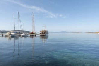 Bodrum, Mugla, Turkey. April 21st 2022 Cool morning light on yachts moored in Bodrum harbour, a