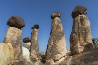 Soft morning light on the fairy chimney rock formations of the dramatic Anatolian landscape of
