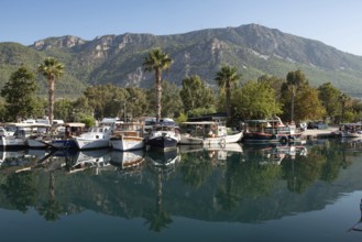 Akyaka, Mugla, Turkey. September 8th 2022 Boats moored in the beautiful harbour of Turkish Riviera