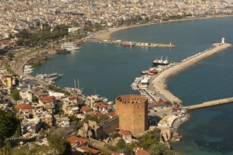 Alanya, Turkey. April 7th 2021 Landscape view of Alanya Harbour and the Red Tower with the city and