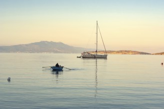 Bodrum, Mugla, Turkey. April 21st 2022 A fisherman at dawn in the beautiful harbour of Bodrum on