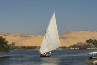 Aswan, Egypt. December 10th 2022 Beautiful landscape view of an Egyptian Felucca sail boat along