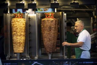 Istanbul, Turkey 10th November 2022 Turkish Kebab meat cooking on large skewers in a take away