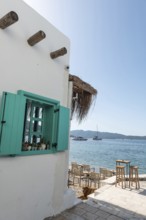 Bodrum, Mugla, Turkey. April 21st 2022 Beautiful Turquoise window of a cafe on the sea front of