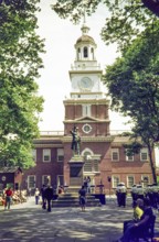 Independence Hall and statue of Commodore John Barry, Philadelphia, Pennsylvania, USA 1976