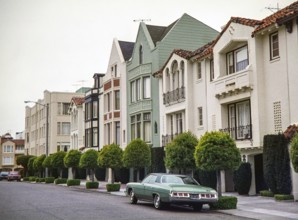 Mediterranean and Spanish Colonial Revival-style row houses stands in the Marina District of San