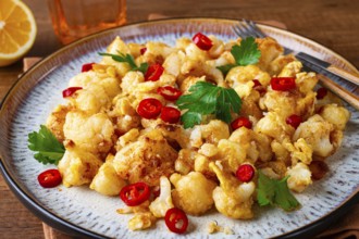 Spicy fried cauliflower served on a wooden countertop