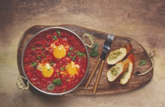 Shakshuka, breakfast, fried eggs in tomato sauce, with spices and herbs, homemade, no people