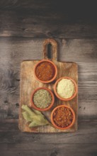 Georgian spices, in ceramic bowls, assortment, set of spices, utsho, adjika, Svan salt, ground