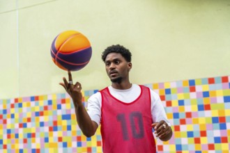 Young black man in sportswear displaying impressive skill while balancing a colorful basketball on