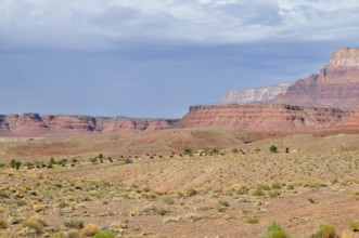 Wide desert landscape with red rocks and partly cloudy sky, Grand Canyon National Park, Arizona,