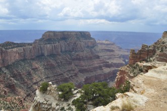 Extensive view of a canyon with deep valleys and steeply sloping cliffs under a cloudy sky, Grand
