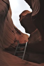 Steep sandstone rock walls with a ladder below and a view of the sky, entrance to Antelope Canyon,