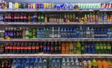 Refrigerated rack with drinks in a Polish gas station, Krakow, Poland