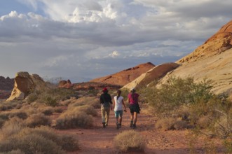 Three hikers on a trail through a desert landscape with clouds, Valley of Fire State Park, Nevada,