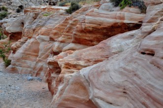 Close-up of detailed, erosion-shaped red and gray rocks with various layers and textures, Valley of