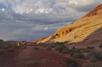 Wide landscape with cloud formations and illuminated red and yellow rocks, Valley of Fire State