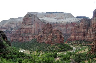 Extensive landscape with impressive red rock walls in the mountains, Zion National Park, Utah, USA