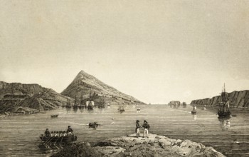 Navarino with Navarino Bay, today Pylos, Greece, mountains, soldiers, rowing boats, sailing ships,