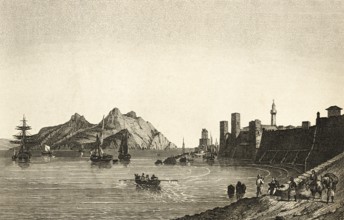 Sapientza island and Modon castle, Peloponnese, Ionian Sea, Greece, rock island, fortress, walls,