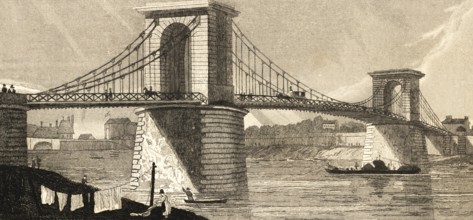 Suspension bridge in the Alsatian fields near Paris, France, construction, clothesline, city wall,