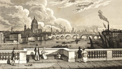 London cityscape with St Paul's Cathedral, England, promenade, walkers, arched bridge, barges on