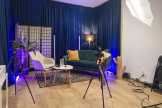 Modern content creation studio set up for video recording and podcast production, featuring