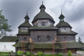 Historic wooden Trinity Church in Zhovkva city, Ukraine