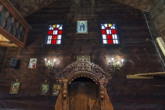 Interior of the historic wooden Trinity Church, Zhovkva city, Ukraine
