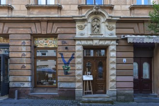 House entrance with figure of saint, 19th century, Lemberg, Ukraine