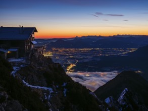 Alpine panorama, Reichenhaller Haus am Hochstaufen at dawn, below Salzburg, Bad Reichenhall,