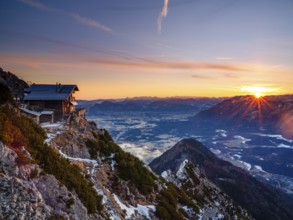 Alpine panorama, Reichenhaller Haus am Hochstaufen at sunrise, below Salzburg, Bad Reichenhall,