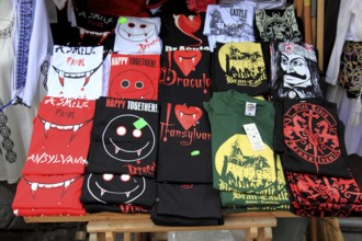 Souvenir sale at Bran Castle, marketing of Dracula, printed here on shirts, Törzburg, in