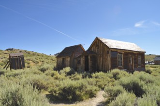 Abandoned wooden houses of a ghost town in dry vegetation, Bodie Ghost Town, California, USA