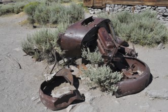 Old crumbling car wreck in a dry landscape with plants, Bodie Ghost Town, California, USA