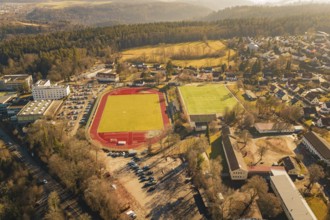 Extensive aerial view of an urban area with sports facilities and woodlands, Wimberg, Calw, Germany