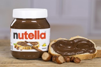 Nutella nut nougat cream 450g jar on bread with logo in Stuttgart, Germany
