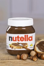 Nutella nut nougat cream 450g jar on bread with logo in Stuttgart, Germany