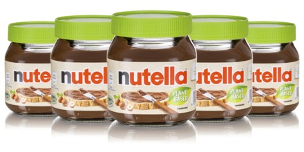 Nutella Plant Based Vegan Nut Nougat Cream 350g jars with logo cut against a white background in
