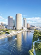 Tampa skyline from above aerial view with skyscrapers and Hillsborough River in downtown Tampa, USA
