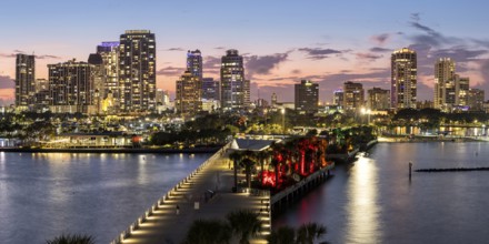 Saint Petersburg Florida skyline on Tampa Bay from above panorama with St. Pete Pier at night in