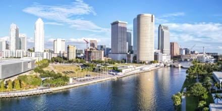 Tampa skyline from above aerial view with skyscrapers and Hillsborough River panorama in downtown