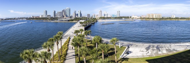 Saint Petersburg Florida skyline panorama on Tampa Bay with St. Pete Pier and skyscrapers in
