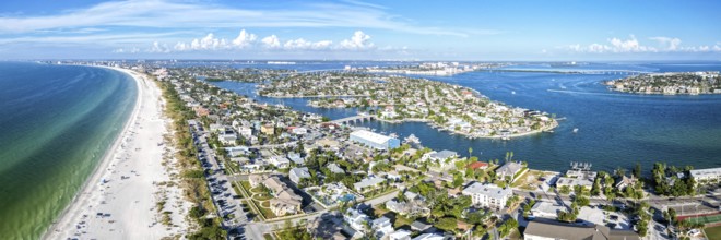 St. Pete Beach near Saint Petersburg Florida beach and sea panorama from above Aerial view in St