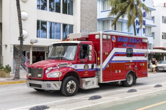 Fire department car fire truck of the Miami Beach Fire Rescue on Ocean Drive in Miami Beach, USA