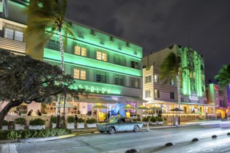Miami Beach Florida Avalon Hotel on Ocean Drive in Art Deco architecture style at night in Miami