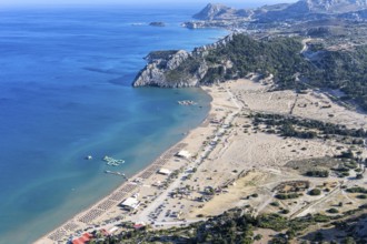 View of Tsambika beach from above Mediterranean seaside island of Rhodes, Greece